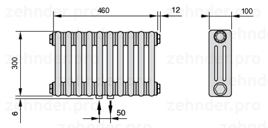 Схема (чертеж) Радиатор Zehnder Charleston 3030/10 №3470 Белый глянцевый RAL 9016